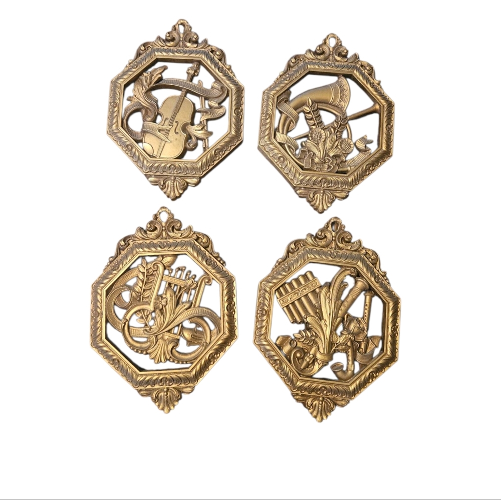 Homco Set of 4 Plastic Wall Plaques Musical Instruments Antique Gold Vintage